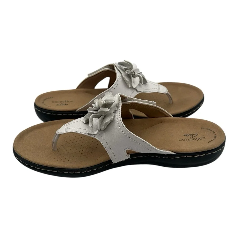 Clarks Laurieann Gema Sandals Women Sz 10 M White Floral Strappy Thong Flip Flop